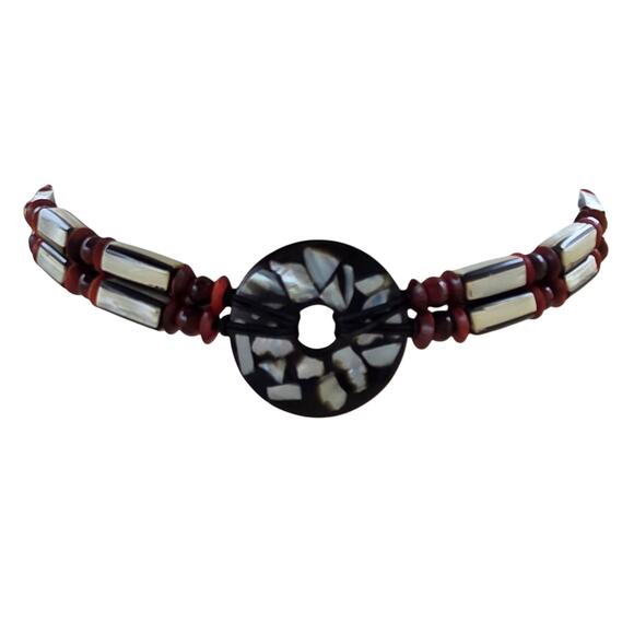 Vintage Mother of Pearl Medallion Leather Belt Boho Dark Academia Artisan M/L main image 4